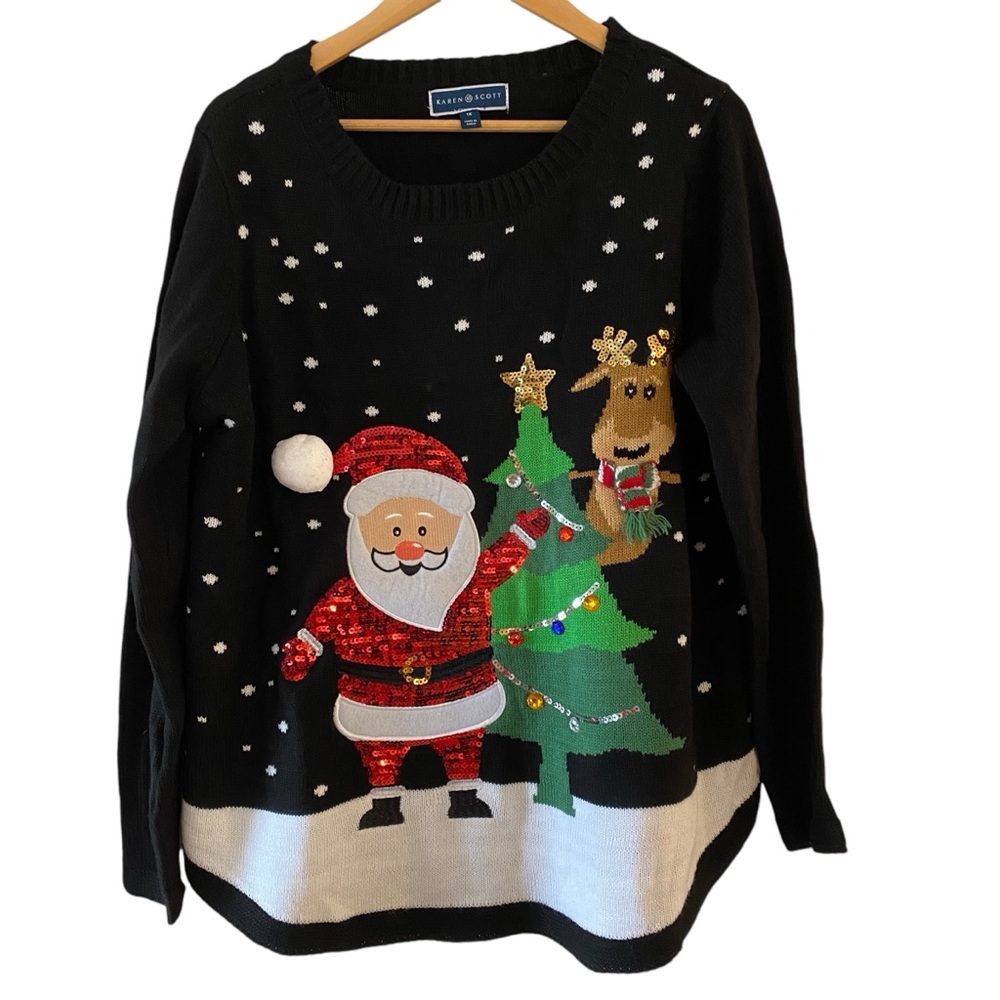 NEW Ugly Christmas Sweater Womens Size 1X Holiday Sequin Santa Reindeer Tree